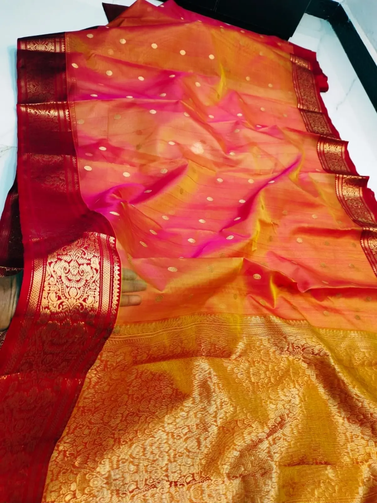 Handwoven Saffron Blaze, Regal Gold & Deep Burgundy Saffron Blaze, Regal Gold & Deep Burgundy Kataan Silk Saree - Authentic Chanderi Silk Saree Chanderi Saree - View 2