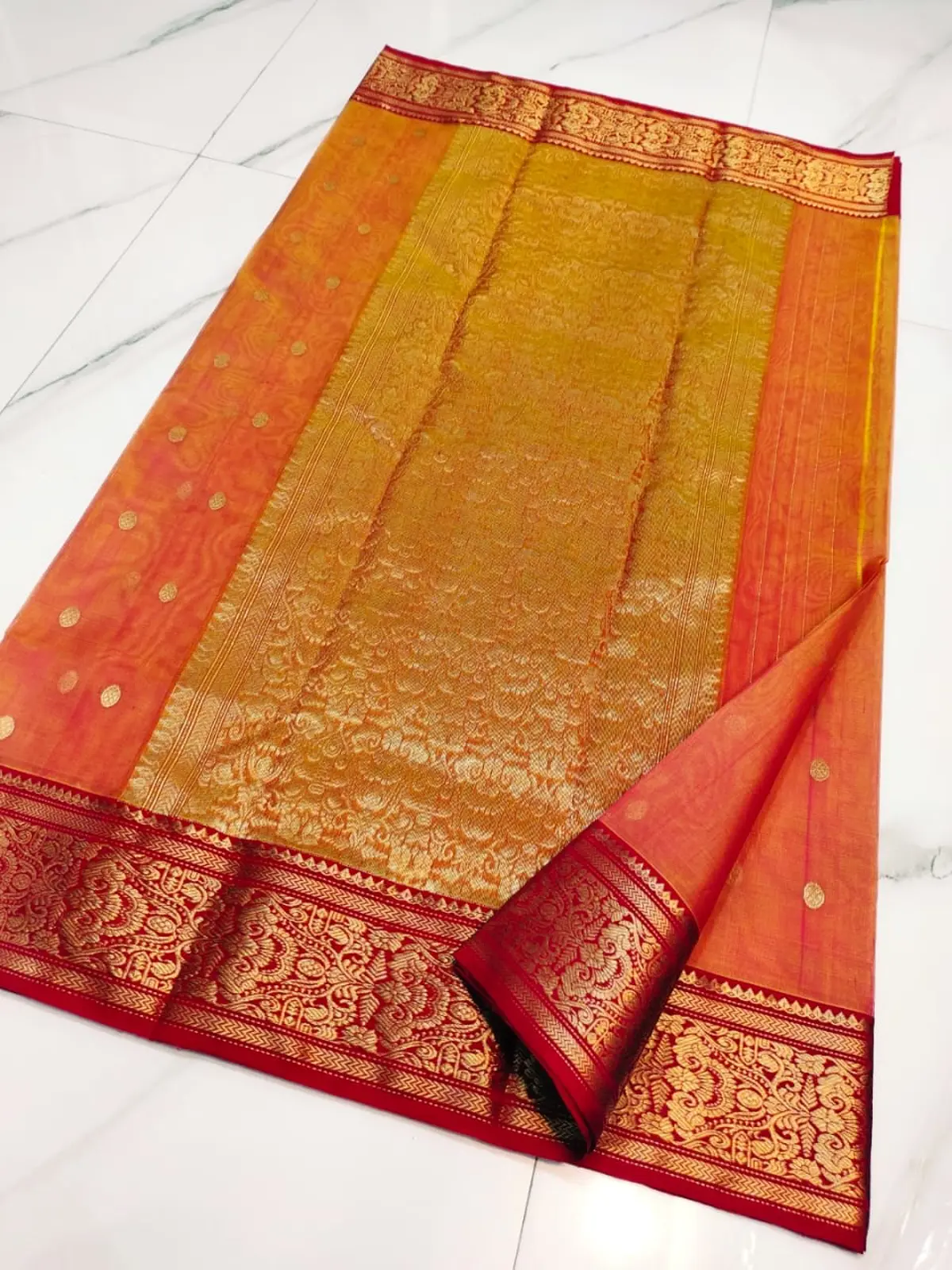Handwoven Saffron Blaze, Regal Gold & Deep Burgundy Saffron Blaze, Regal Gold & Deep Burgundy Kataan Silk Saree - Authentic Chanderi Silk Saree Chanderi Saree - View 3