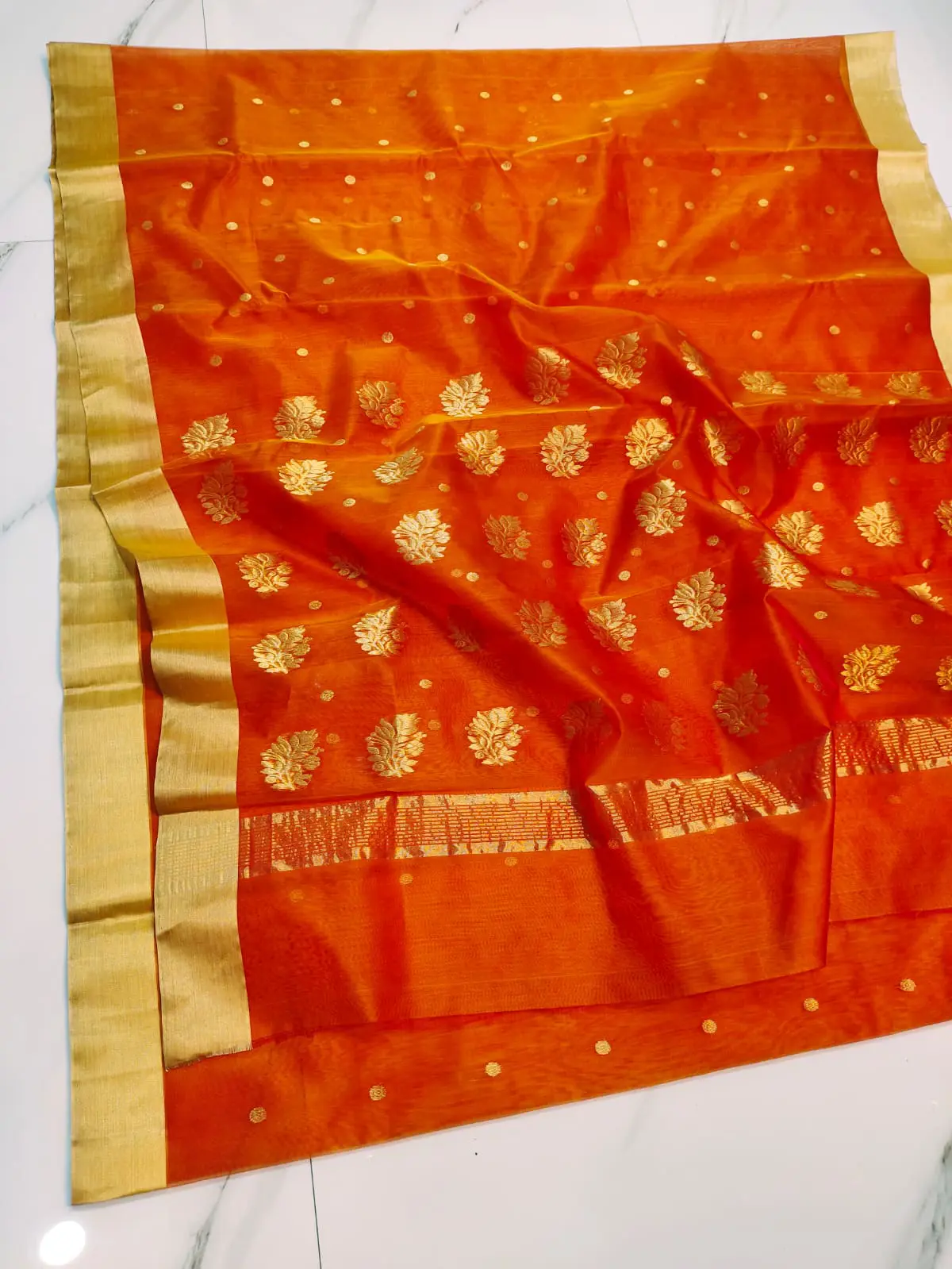 Handwoven Saffron Sunset & Antique Gold Saffron Sunset & Antique Gold Kataan Silk Saree - Authentic Chanderi Silk Saree Chanderi Saree - View 1
