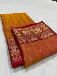 Saffron Sunset with Antique Gold Zari Kataan Silk