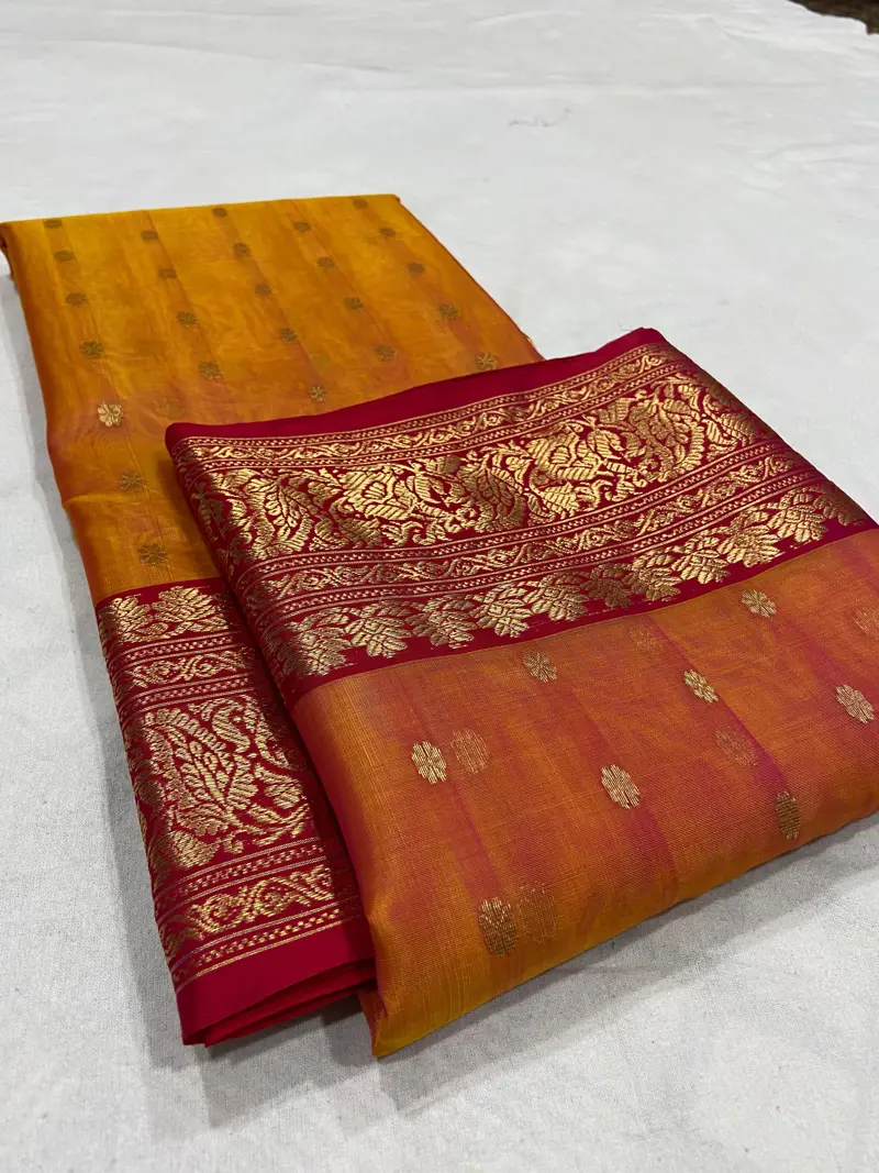 Saffron Sunset with Antique Gold Zari Kataan Silk