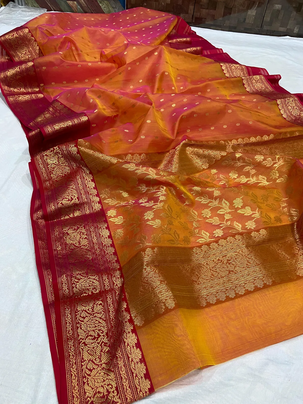 Handwoven Saffron & Crimson Saffron Sunset with Antique Gold Zari Kataan Silk - Authentic Chanderi Silk Saree Chanderi Saree - View 5