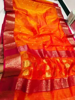 Saffron Sunset with Intricate Leaf Motifs and Crimson Zari Border Kataan Silk