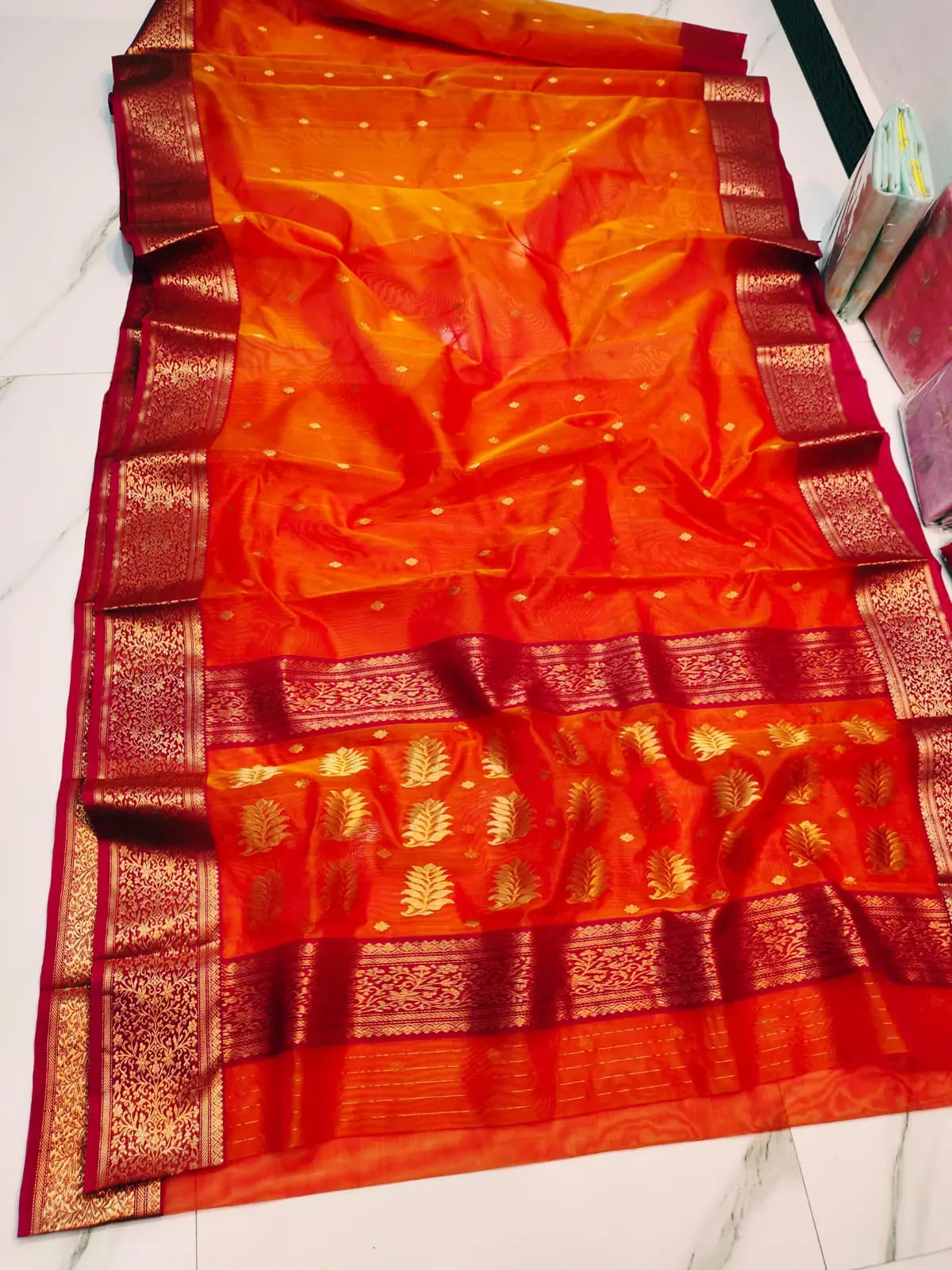 Handwoven Saffron Sunset & Crimson Saffron Sunset with Intricate Leaf Motifs and Crimson Zari Border Kataan Silk - Authentic Chanderi Silk Saree Chanderi Saree - View 2