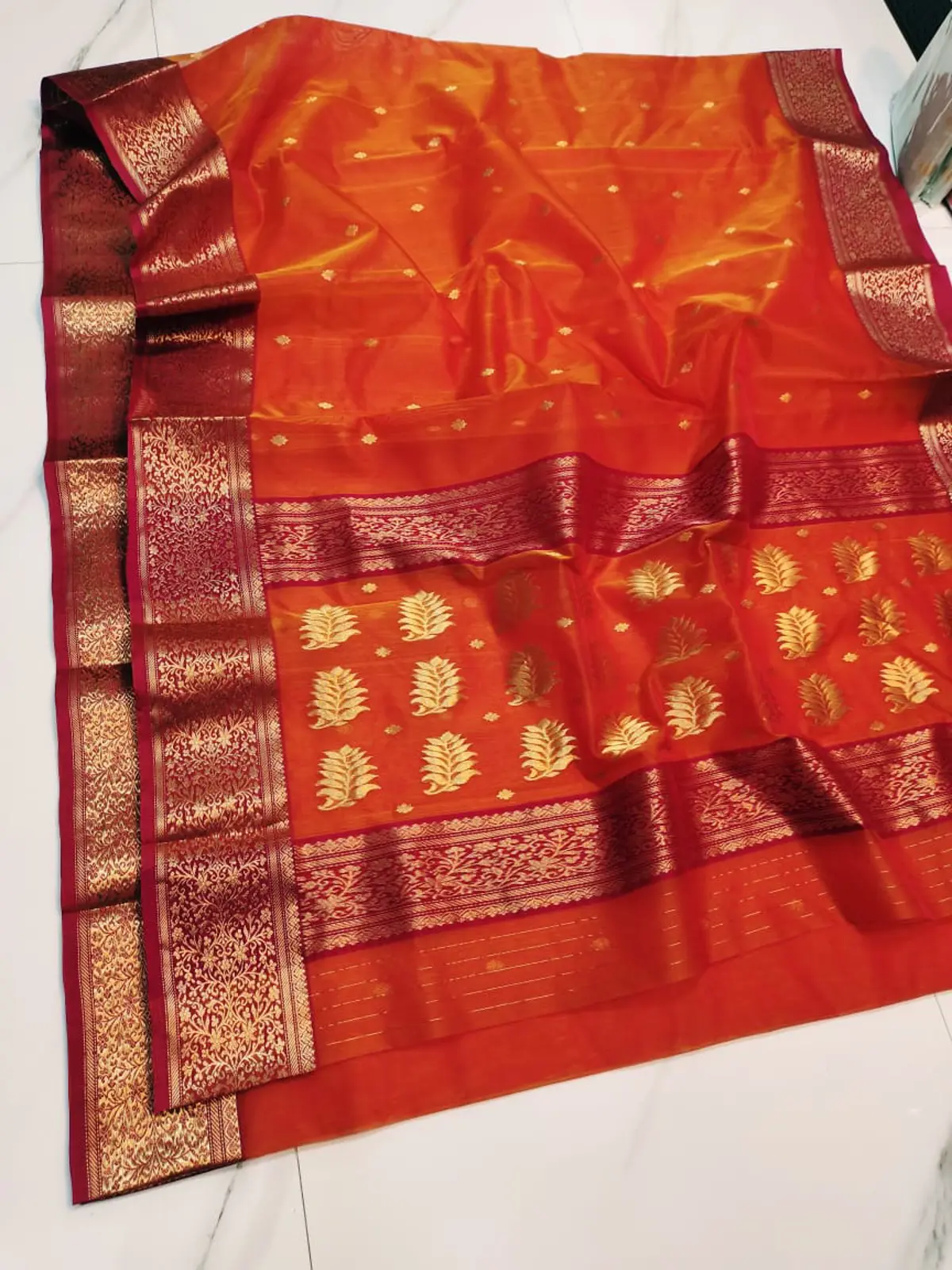 Handwoven Saffron Sunset & Crimson Saffron Sunset with Intricate Leaf Motifs and Crimson Zari Border Kataan Silk - Authentic Chanderi Silk Saree Chanderi Saree - View 3