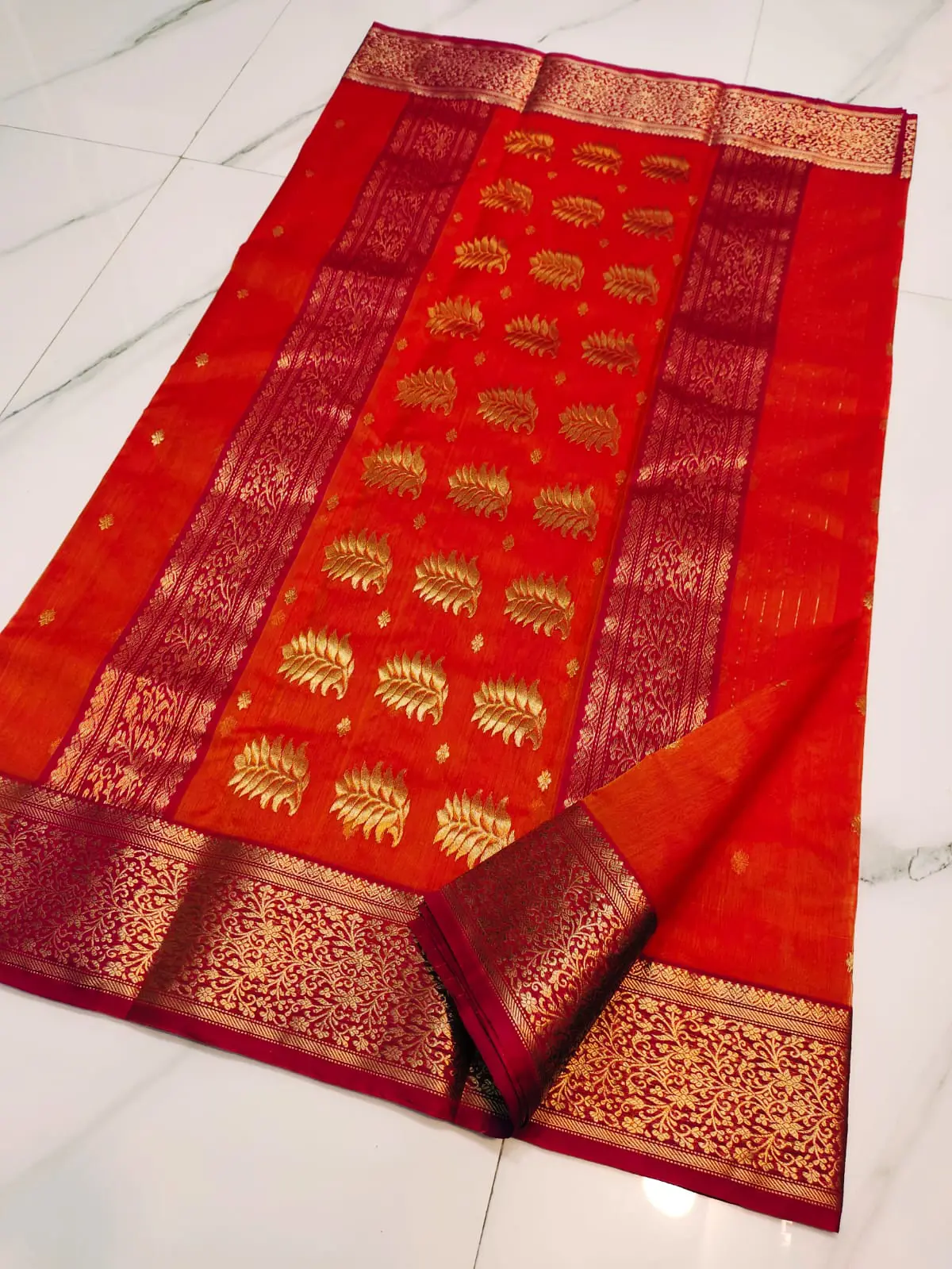 Handwoven Saffron Sunset & Crimson Saffron Sunset with Intricate Leaf Motifs and Crimson Zari Border Kataan Silk - Authentic Chanderi Silk Saree Chanderi Saree - View 4