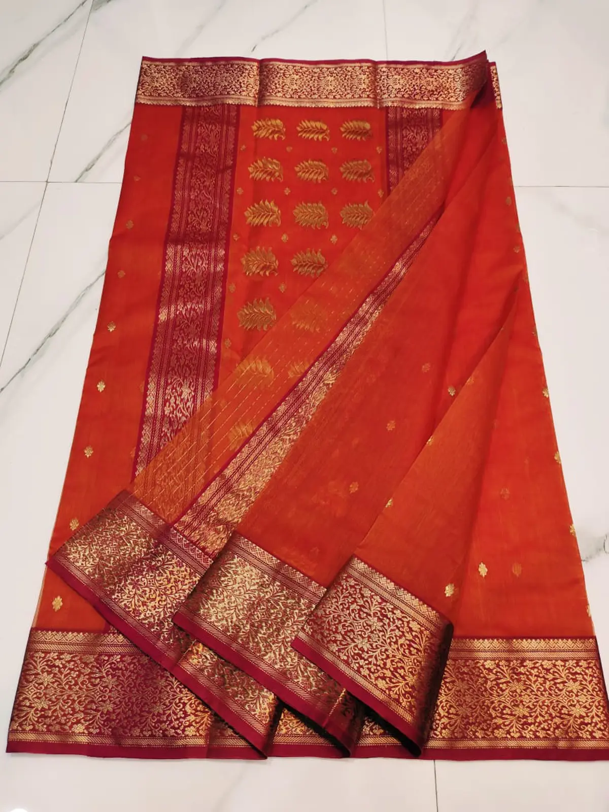 Handwoven Saffron Sunset & Crimson Saffron Sunset with Intricate Leaf Motifs and Crimson Zari Border Kataan Silk - Authentic Chanderi Silk Saree Chanderi Saree - View 5