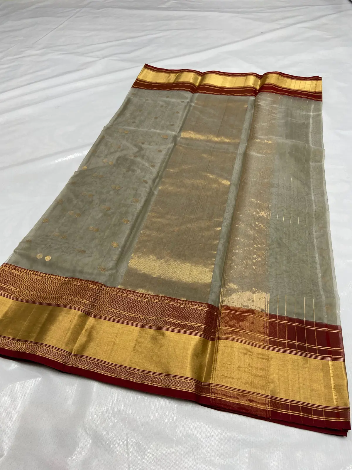 Handwoven Sage Green Sage Green with Gold Booti Kataan Silk - Authentic Chanderi Silk Saree Chanderi Saree - View 3