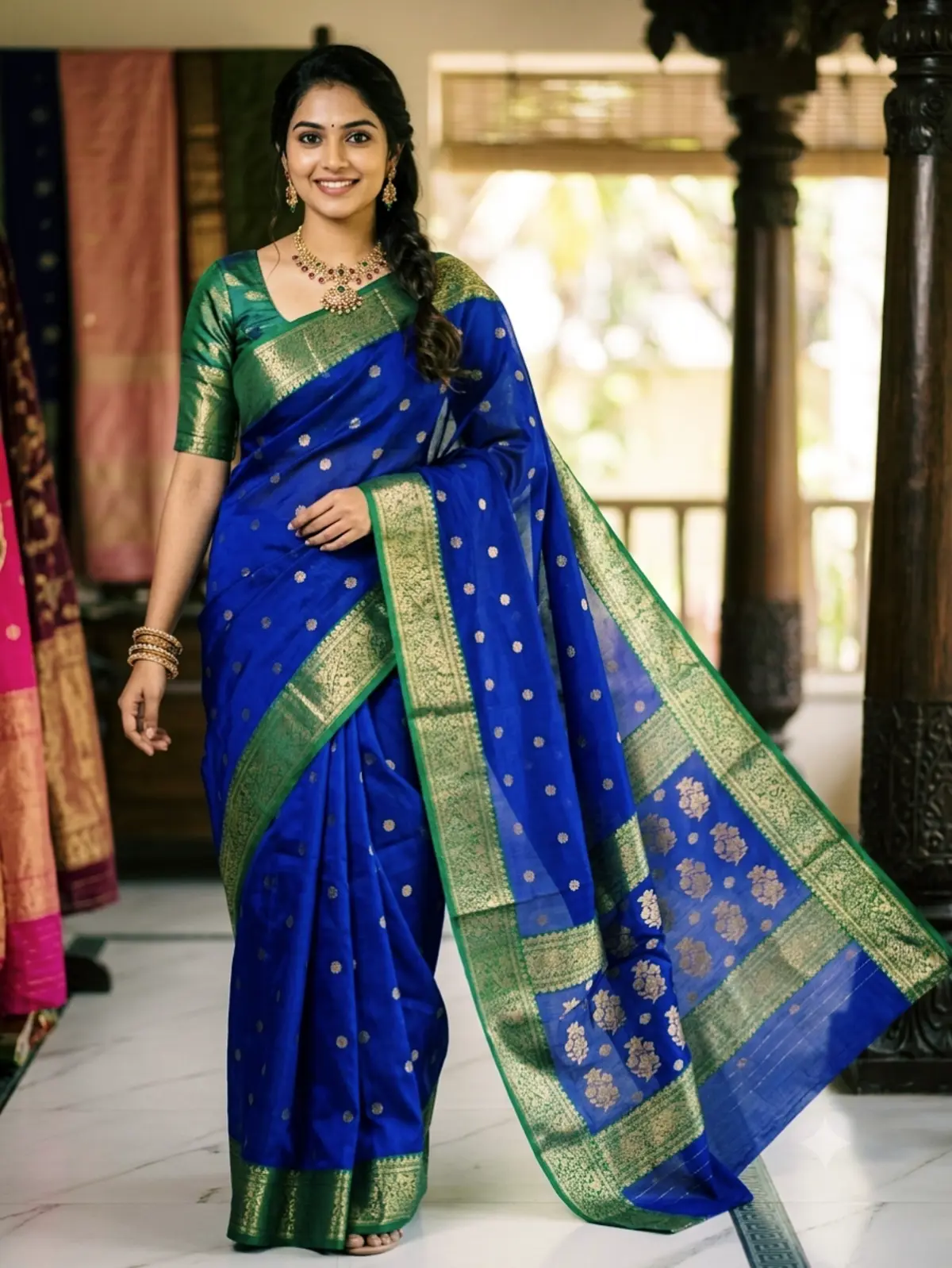 Handwoven Sapphire & Emerald Sapphire and Emerald Regal Sapphire with Emerald Zari Border Chanderi Silk - Authentic Chanderi Silk Saree Chanderi Saree - View 1