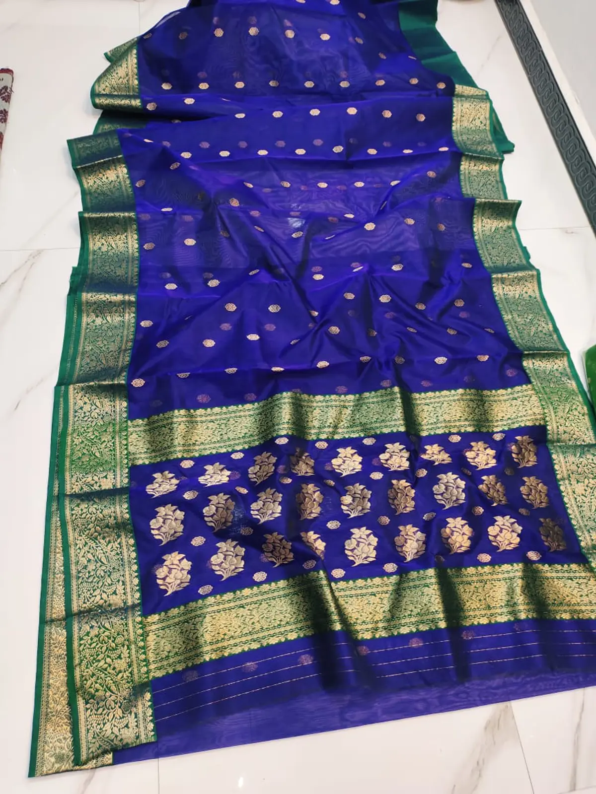 Handwoven Sapphire & Emerald Sapphire and Emerald Regal Sapphire with Emerald Zari Border Chanderi Silk - Authentic Chanderi Silk Saree Chanderi Saree - View 3