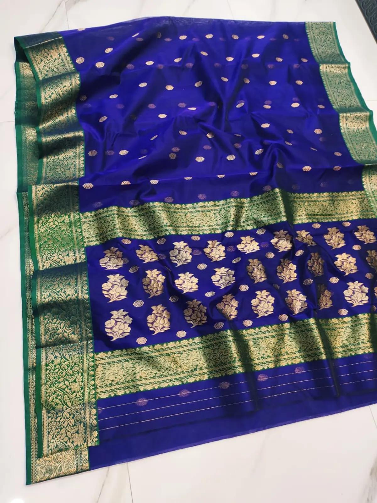 Handwoven Sapphire & Emerald Sapphire and Emerald Regal Sapphire with Emerald Zari Border Chanderi Silk - Authentic Chanderi Silk Saree Chanderi Saree - View 4