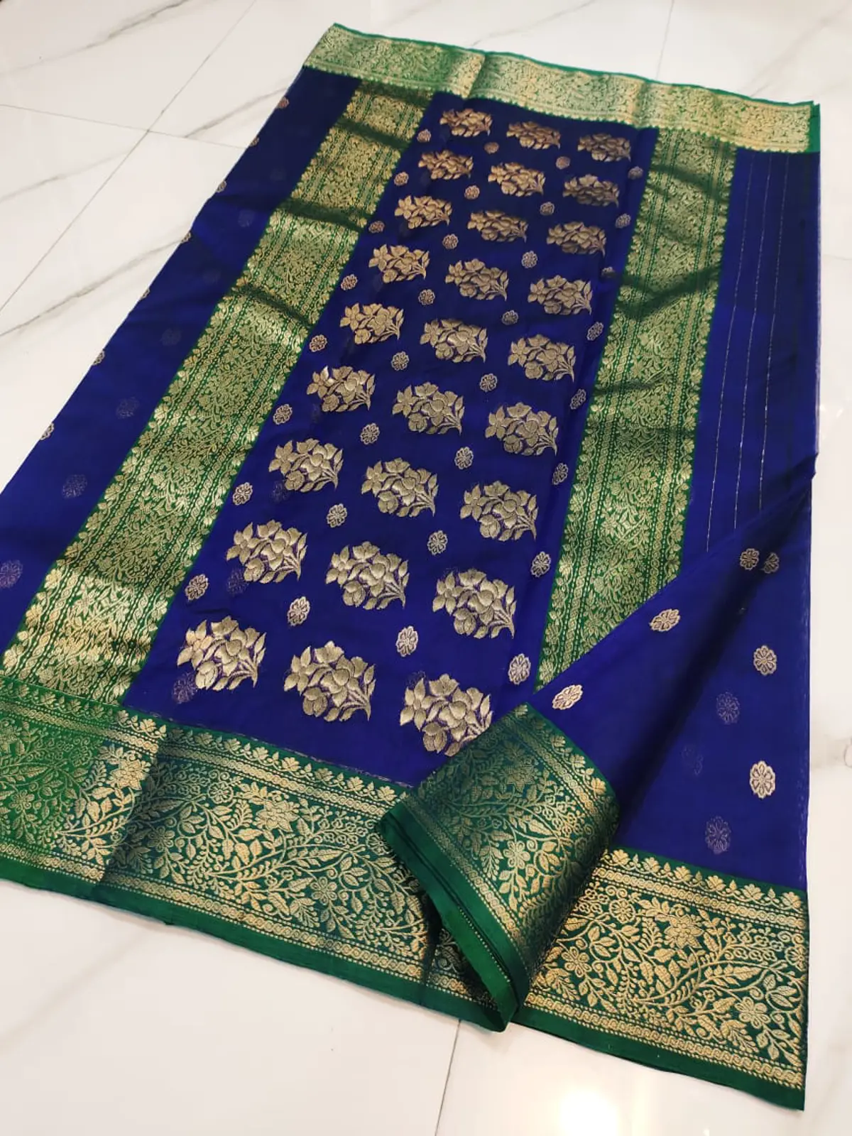 Handwoven Sapphire & Emerald Sapphire and Emerald Regal Sapphire with Emerald Zari Border Chanderi Silk - Authentic Chanderi Silk Saree Chanderi Saree - View 5