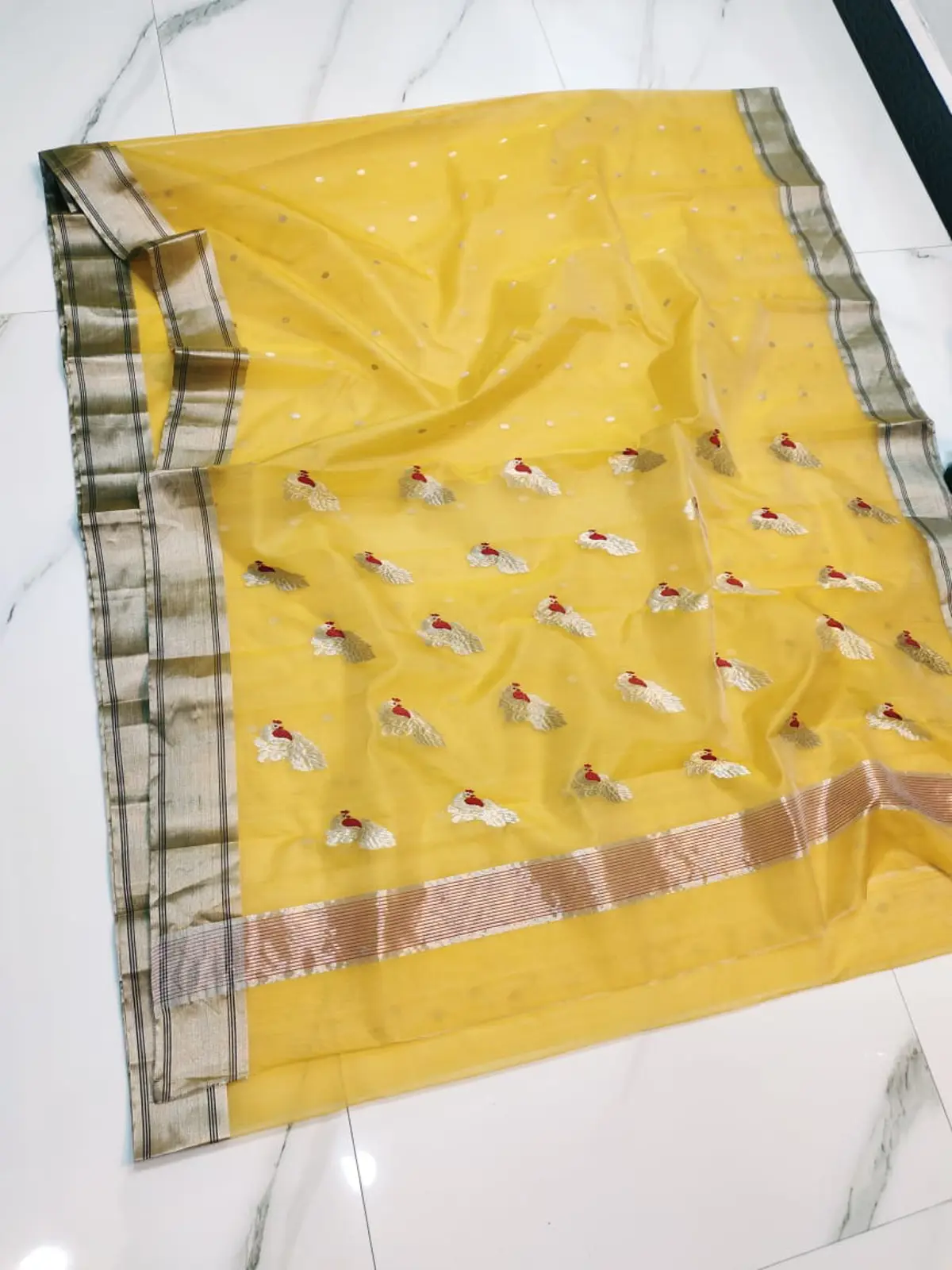 Sunlit Marigold with Antique Gold & Silver Kataan Silk Saree - Handloom Chanderi Saree
