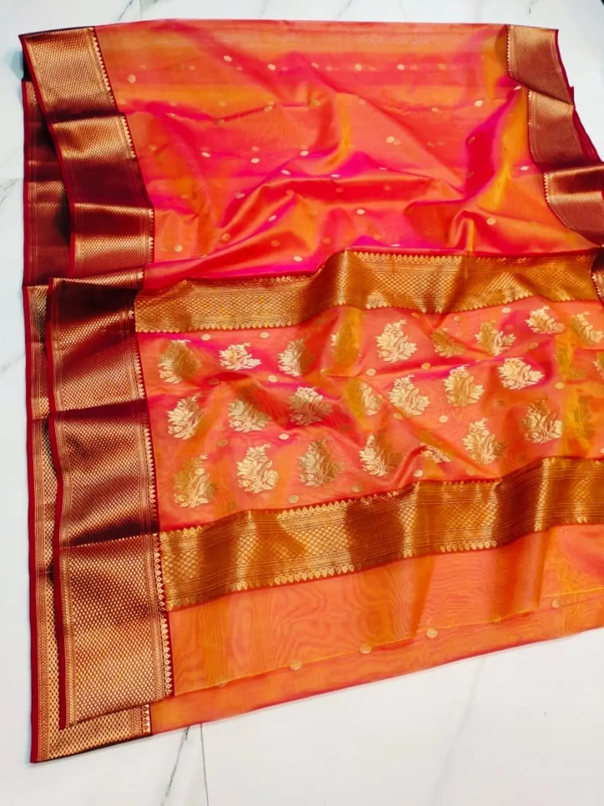Handwoven Sunset Coral & Antique Gold Sunset Coral and Antique Gold Sunset Coral with Golden Floral Motifs Chanderi Silk - Authentic Chanderi Silk Saree Chanderi Saree