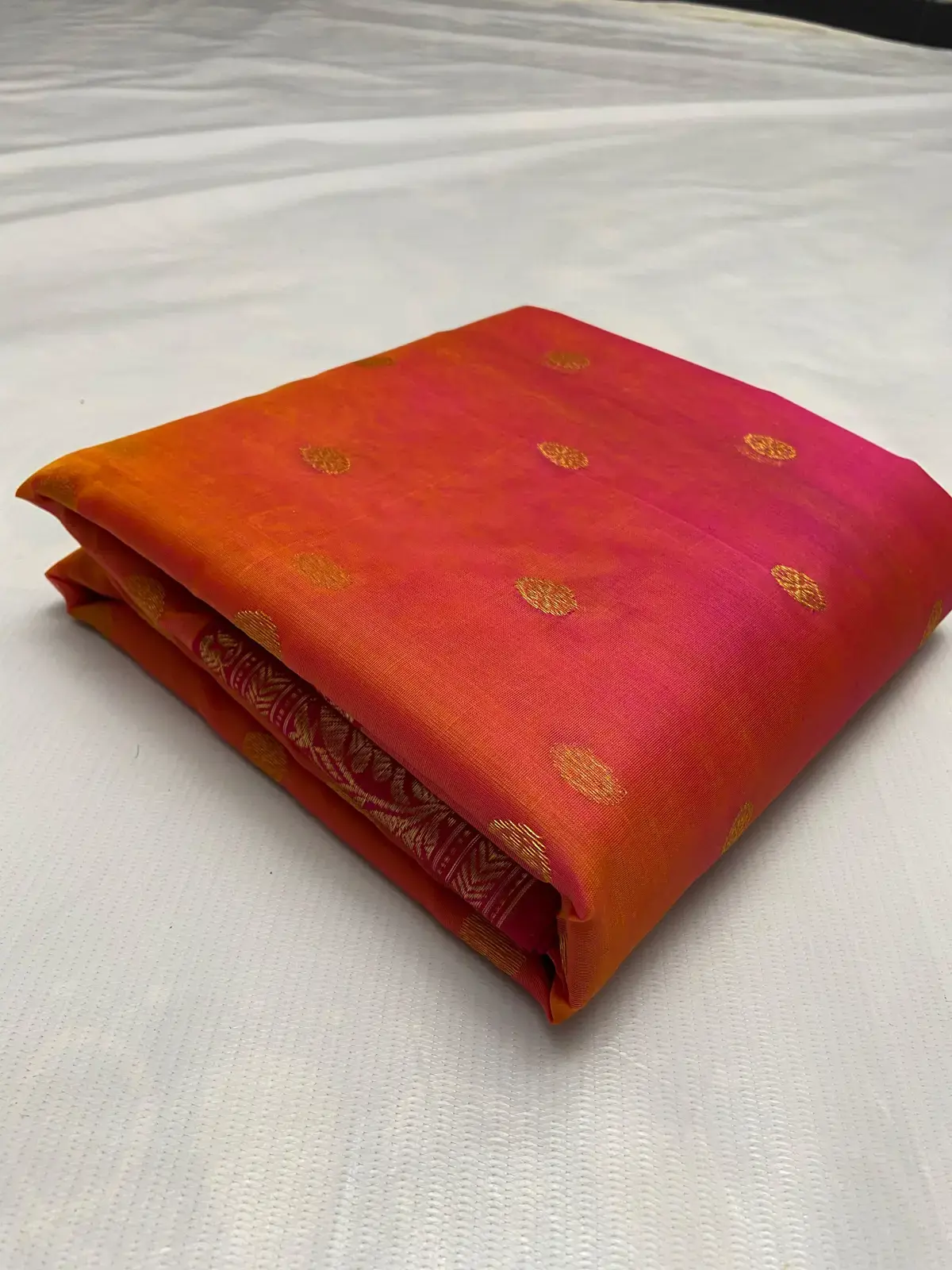 Handwoven Sunset Coral & Golden Sunset Coral with Golden Buti Chanderi Saree - Authentic Chanderi Silk Saree Chanderi Saree - View 5