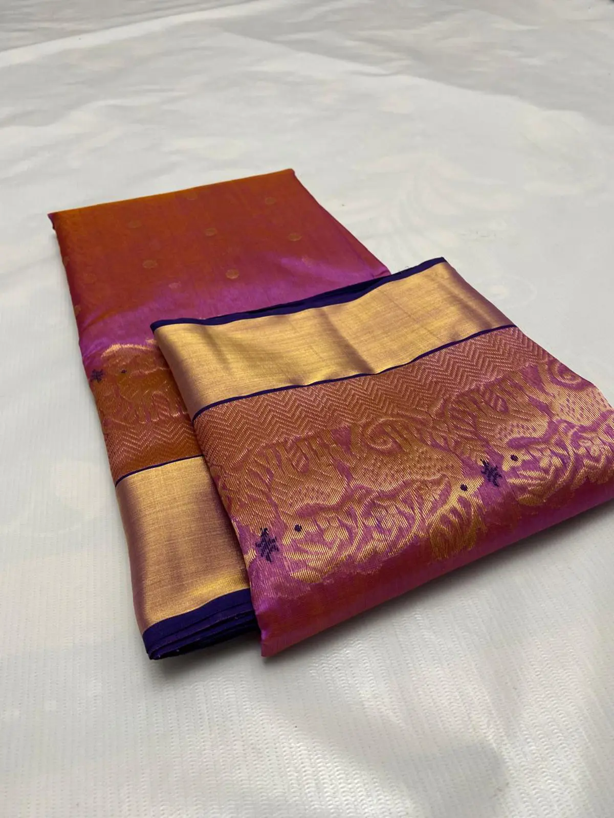 Sunset Ember and Fuchsia with Intricate Temple Zari Border Pattu Silk - Handloom Chanderi Saree