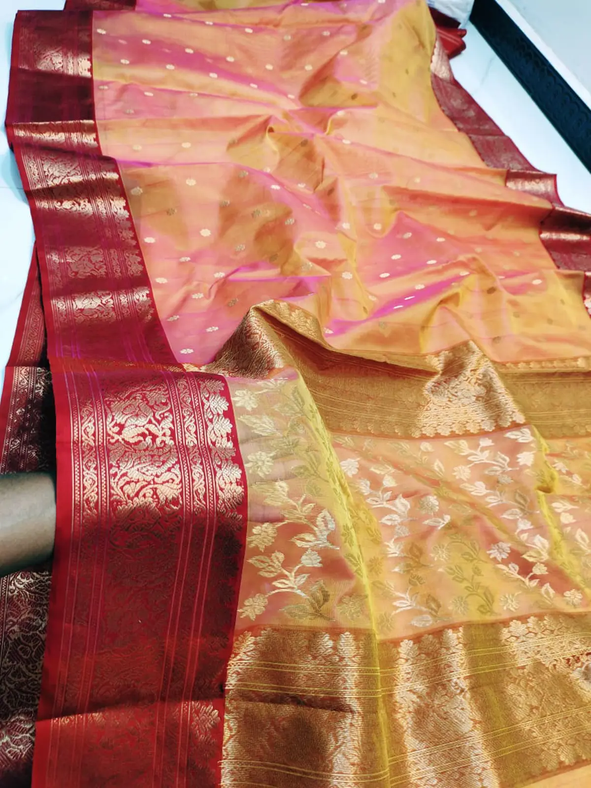 Sunset Peach and Ruby Red with Opulent Gold Zari Kataan Silk - Handloom Chanderi Saree