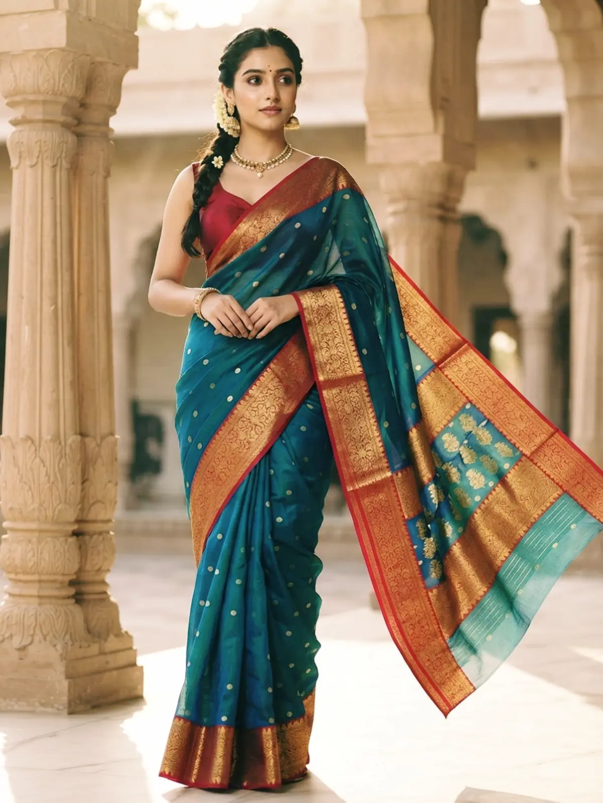 Handwoven Teal Blue & Antique Gold Teal Blue with Antique Gold Zari Kataan Silk - Authentic Chanderi Silk Saree Chanderi Saree