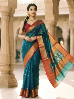Teal Blue with Antique Gold Zari Kataan Silk
