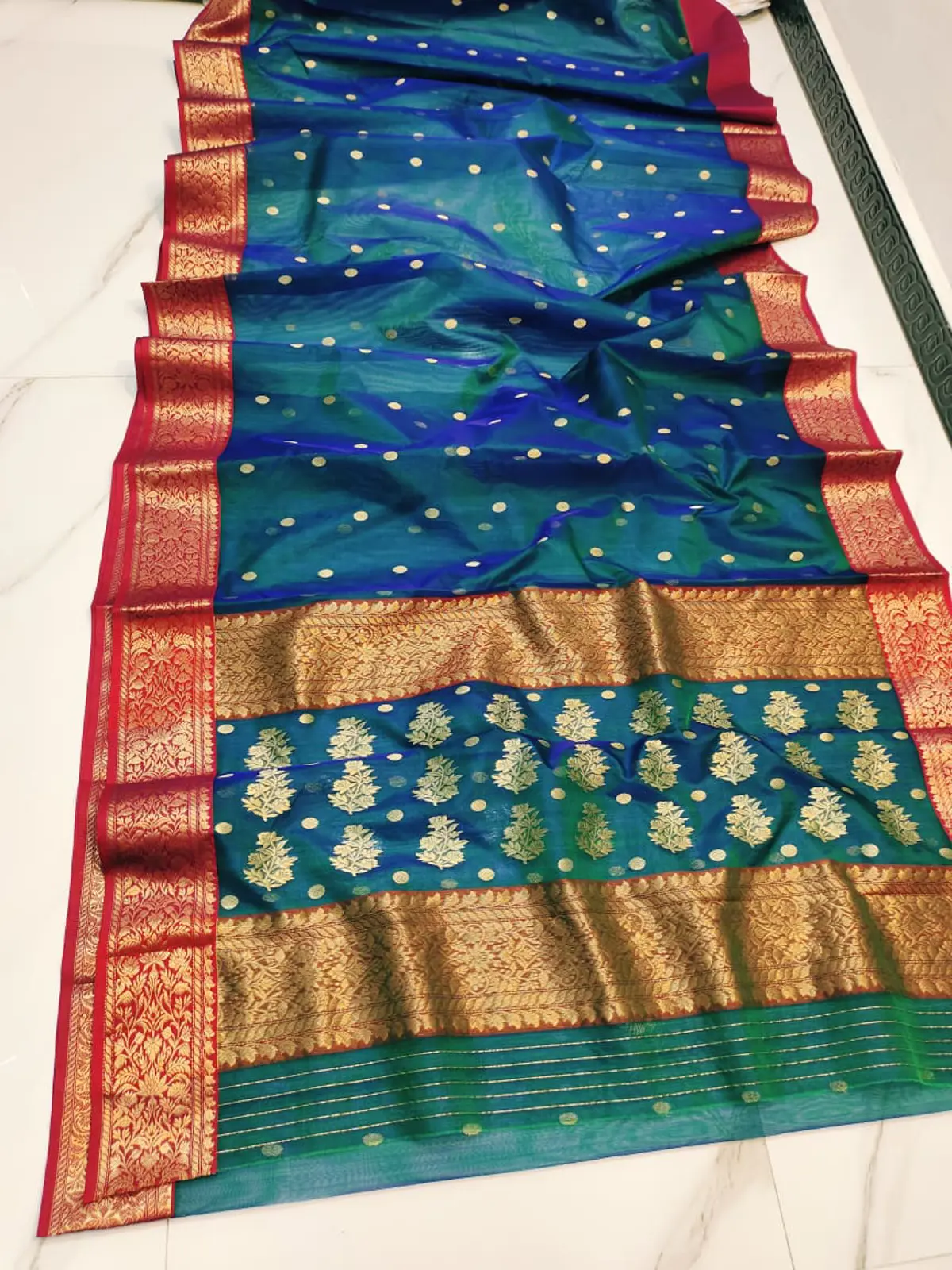 Handwoven Teal Blue & Antique Gold Teal Blue with Antique Gold Zari Kataan Silk - Authentic Chanderi Silk Saree Chanderi Saree - View 3