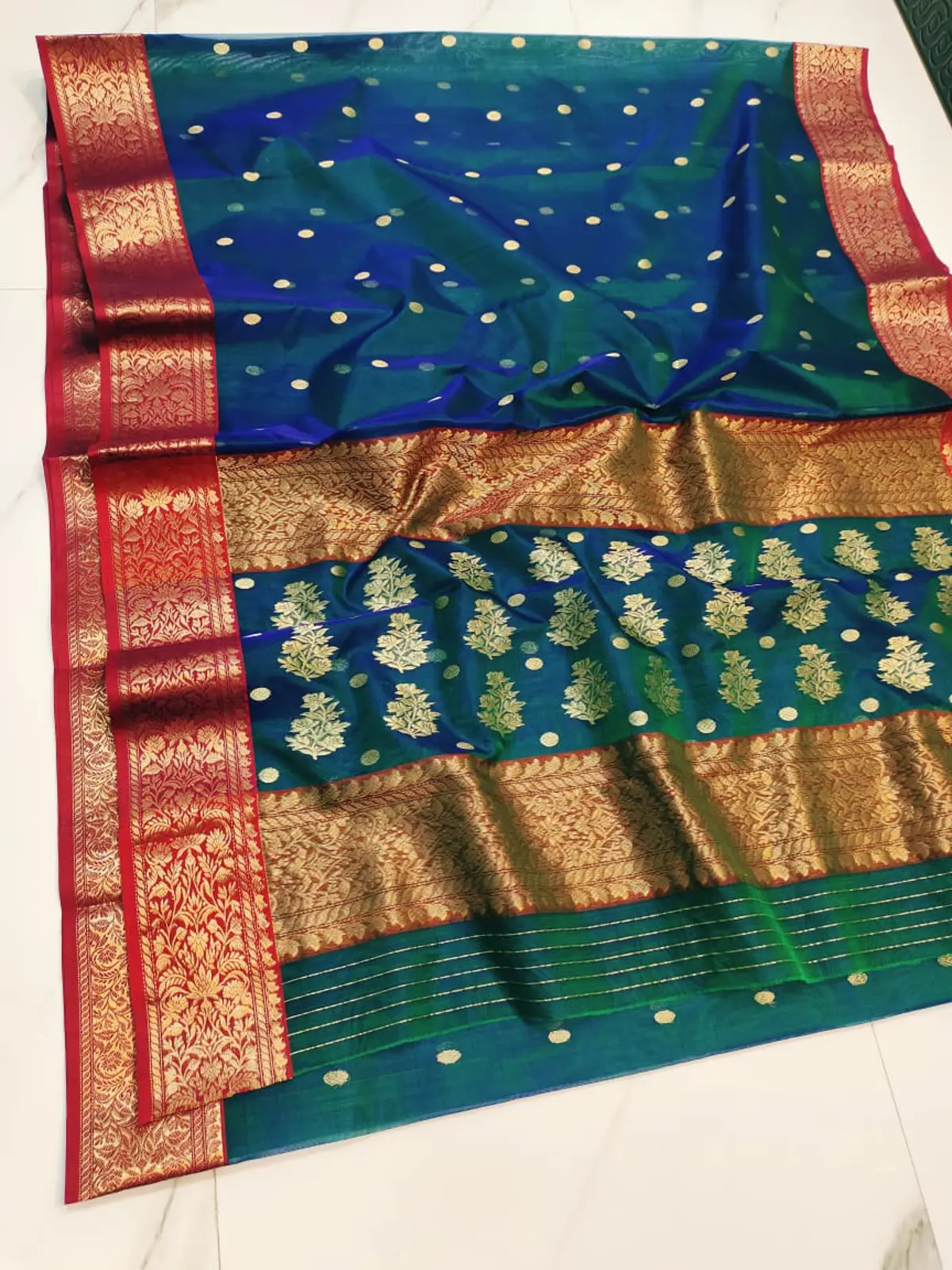 Handwoven Teal Blue & Antique Gold Teal Blue with Antique Gold Zari Kataan Silk - Authentic Chanderi Silk Saree Chanderi Saree - View 4