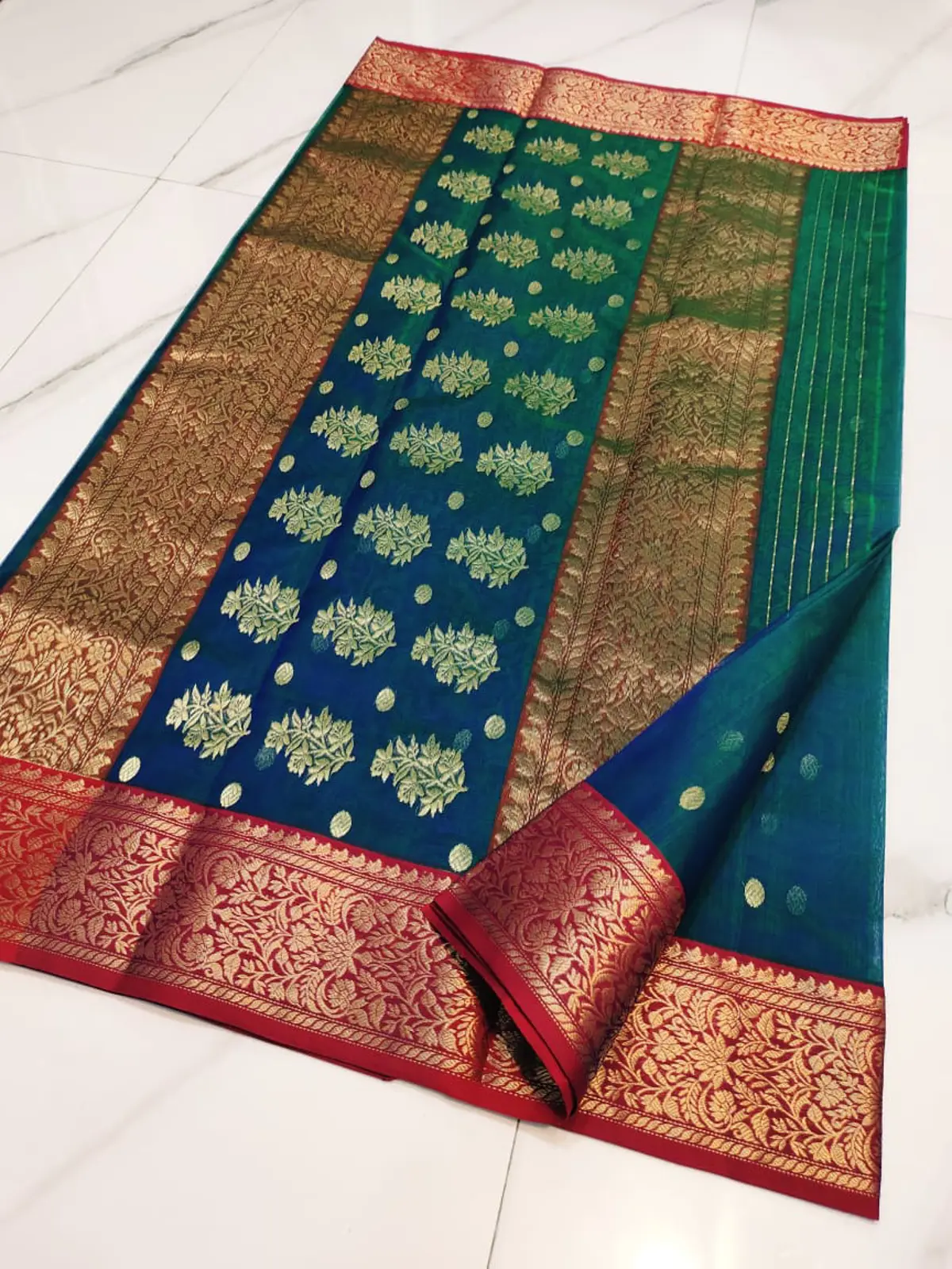 Handwoven Teal Blue & Antique Gold Teal Blue with Antique Gold Zari Kataan Silk - Authentic Chanderi Silk Saree Chanderi Saree - View 5