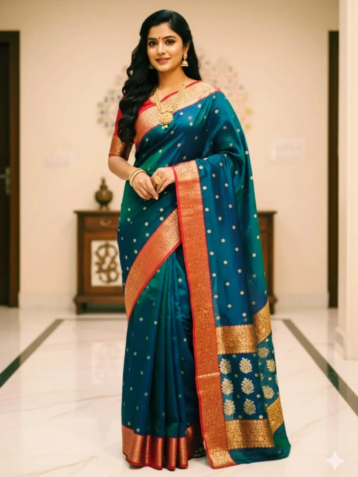 Handwoven Teal Blue Teal Blue with Gold Floral Motifs Kataan Silk - Authentic Chanderi Silk Saree Chanderi Saree - View 1