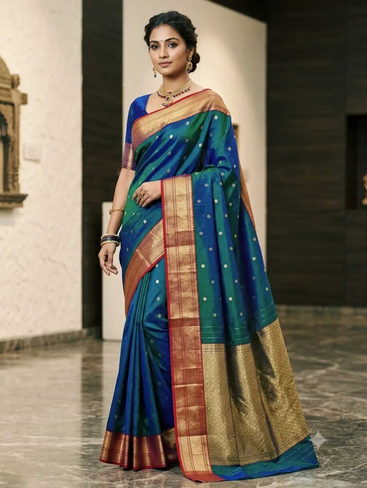 Handwoven Teal Blue Teal Blue with Gold Zari Border Kataan Silk - Authentic Chanderi Silk Saree Chanderi Saree - View 1