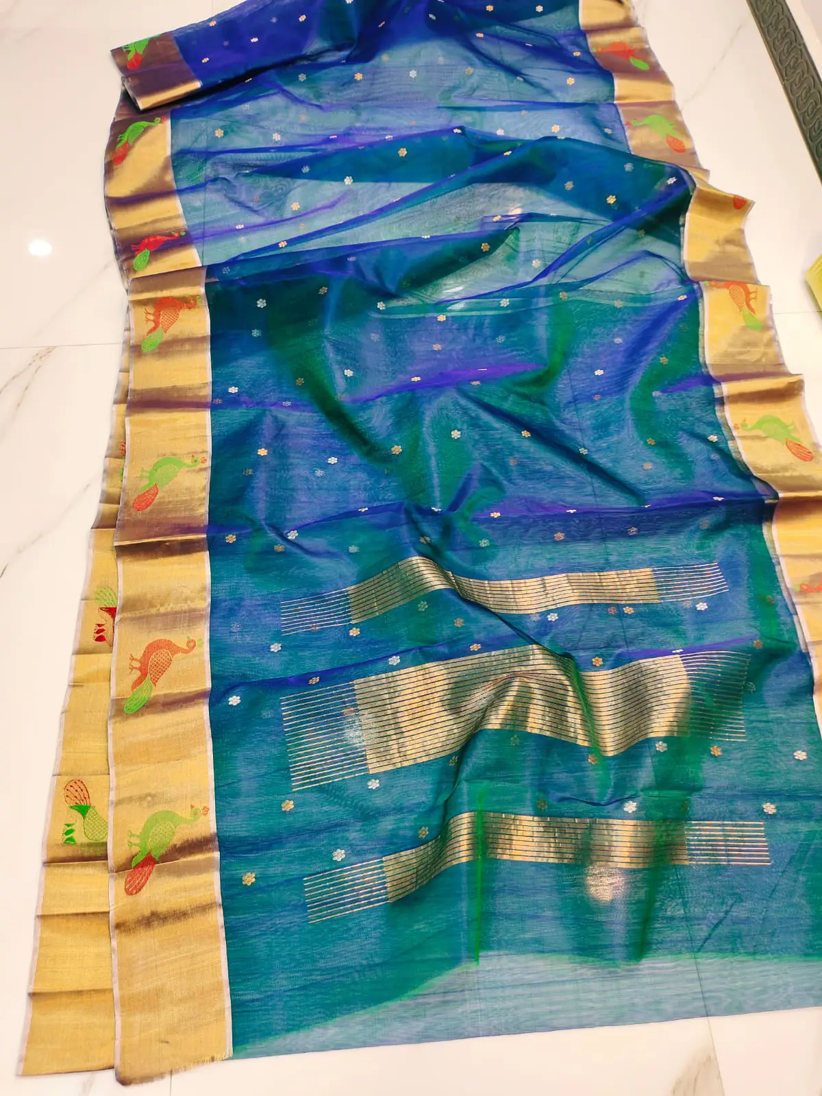 Handwoven Teal Sapphire & Antique Gold Teal Sapphire & Antique Gold Kataan Silk Saree - Authentic Chanderi Silk Saree Chanderi Saree - View 1