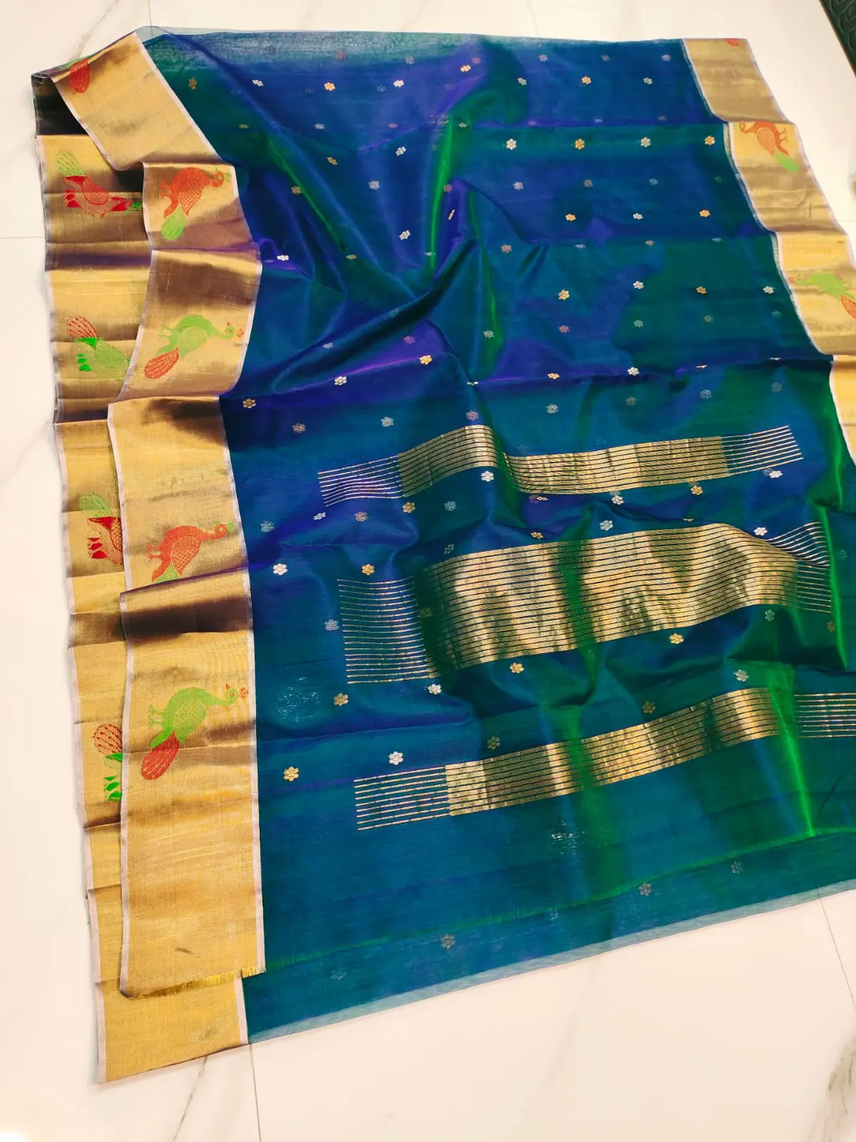 Handwoven Teal Sapphire & Antique Gold Teal Sapphire & Antique Gold Kataan Silk Saree - Authentic Chanderi Silk Saree Chanderi Saree - View 2