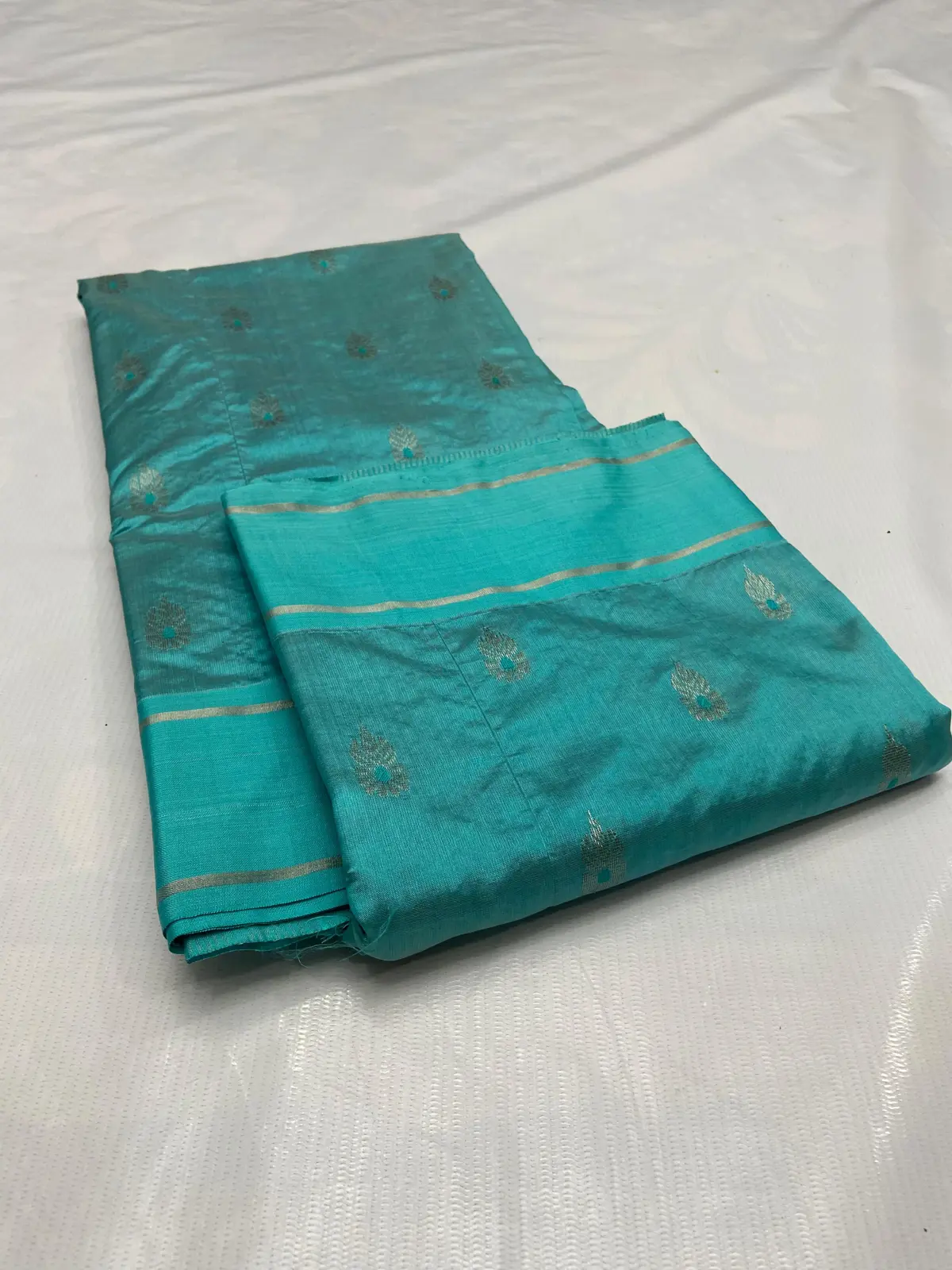 Handwoven Turquoise & Sterling Silver Turquoise Radiance with Sterling Zari Motifs Pattu Silk - Authentic Chanderi Silk Saree Chanderi Saree - View 1