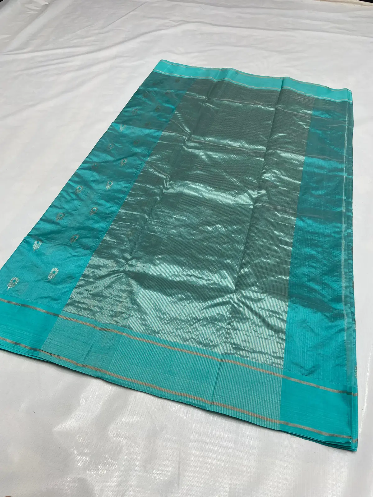 Handwoven Turquoise & Sterling Silver Turquoise Radiance with Sterling Zari Motifs Pattu Silk - Authentic Chanderi Silk Saree Chanderi Saree - View 3