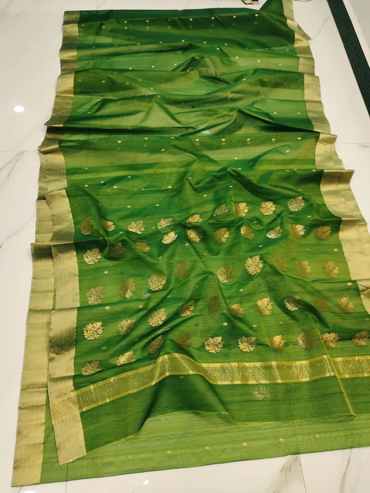 Verdant Emerald with Gilded Zari Kataan Silk Saree - Handloom Chanderi Saree