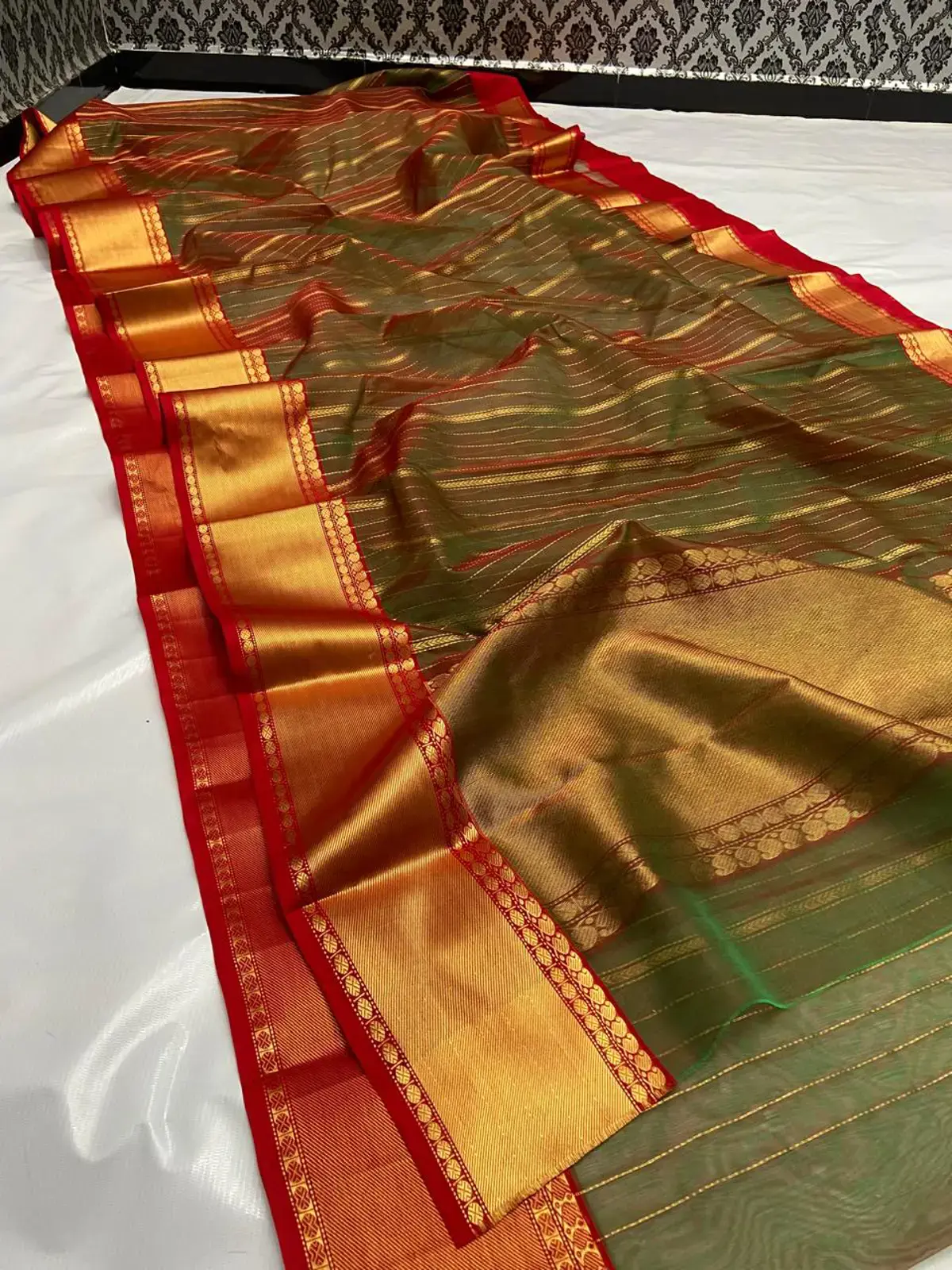 Handwoven Verdant Bronze & Sienna Verdant Forest and Burnished Copper with Gilded Zari Stripes Kataan Silk - Authentic Chanderi Silk Saree Chanderi Saree