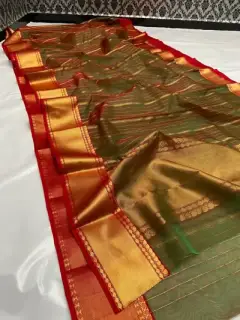 Verdant Forest and Burnished Copper with Gilded Zari Stripes Kataan Silk