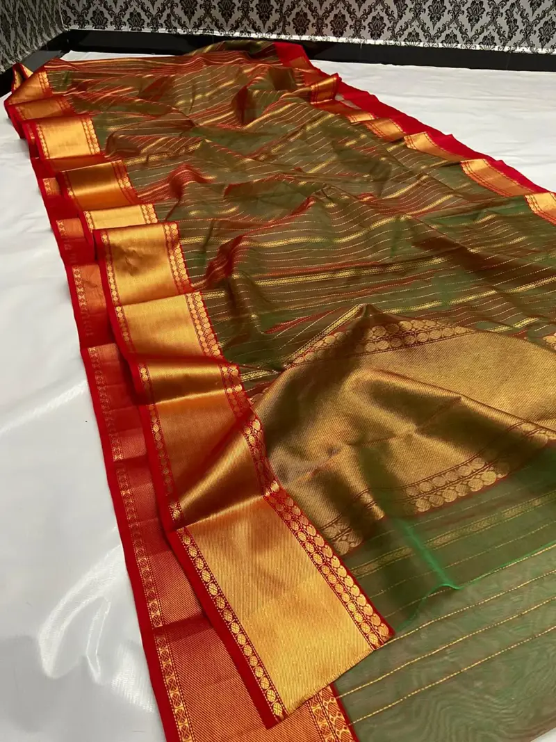 Verdant Forest and Burnished Copper with Gilded Zari Stripes Kataan Silk