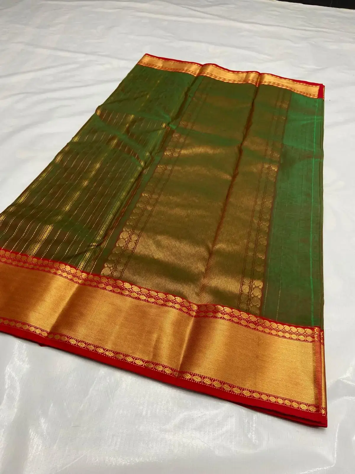Handwoven Verdant Bronze & Sienna Verdant Forest and Burnished Copper with Gilded Zari Stripes Kataan Silk - Authentic Chanderi Silk Saree Chanderi Saree - View 2