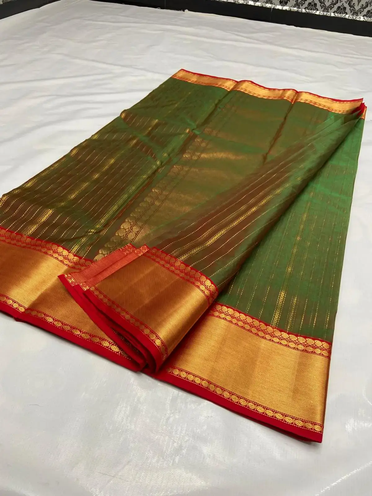 Handwoven Verdant Bronze & Sienna Verdant Forest and Burnished Copper with Gilded Zari Stripes Kataan Silk - Authentic Chanderi Silk Saree Chanderi Saree - View 3