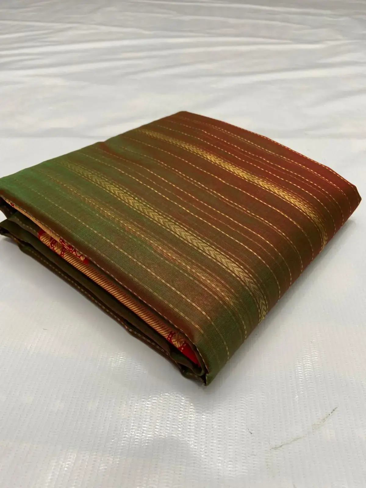 Handwoven Verdant Bronze & Sienna Verdant Forest and Burnished Copper with Gilded Zari Stripes Kataan Silk - Authentic Chanderi Silk Saree Chanderi Saree - View 5