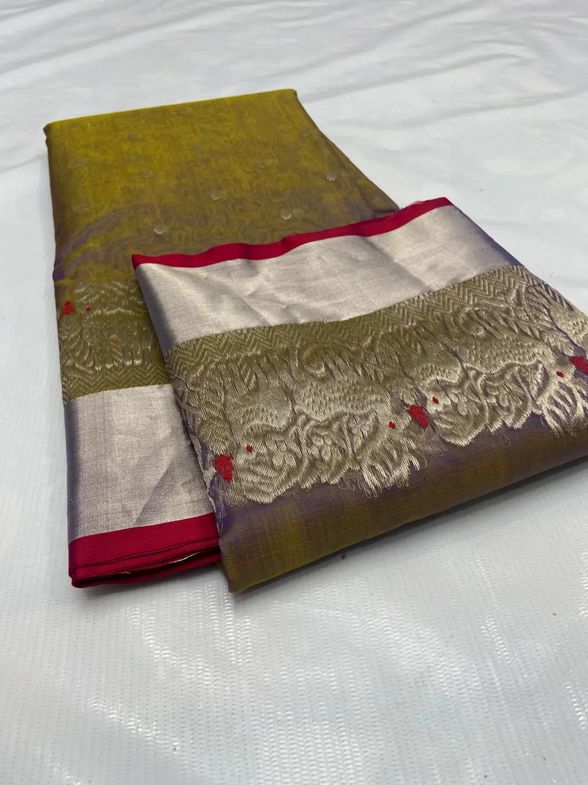 Verdant Olive with Antique Gold Zari Border and Crimson Piping Kataan Silk