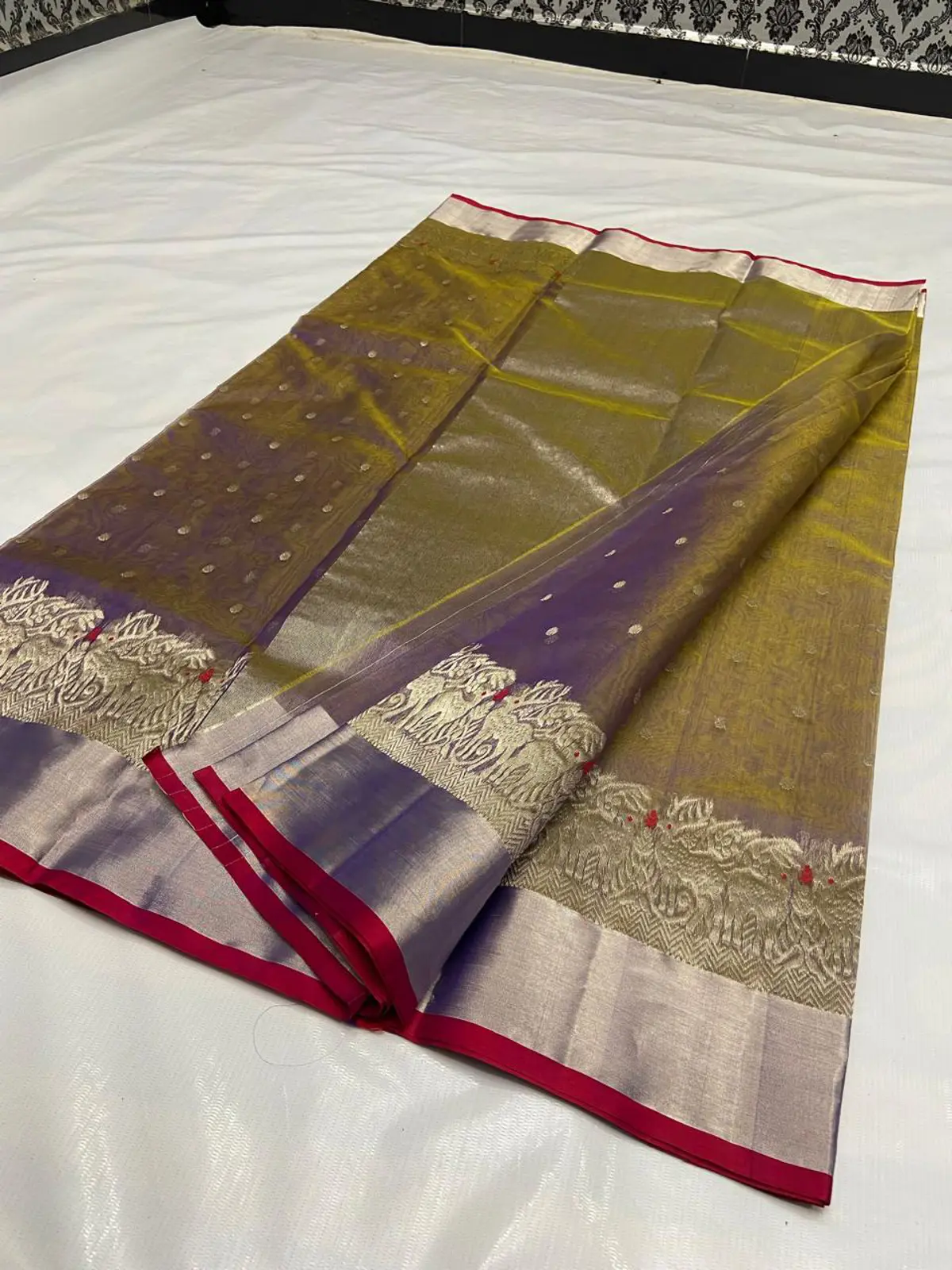 Handwoven Verdant Olive, Antique Gold, and Crimson Verdant Olive with Antique Gold Zari Border and Crimson Piping Kataan Silk - Authentic Chanderi Silk Saree Chanderi Saree - View 2