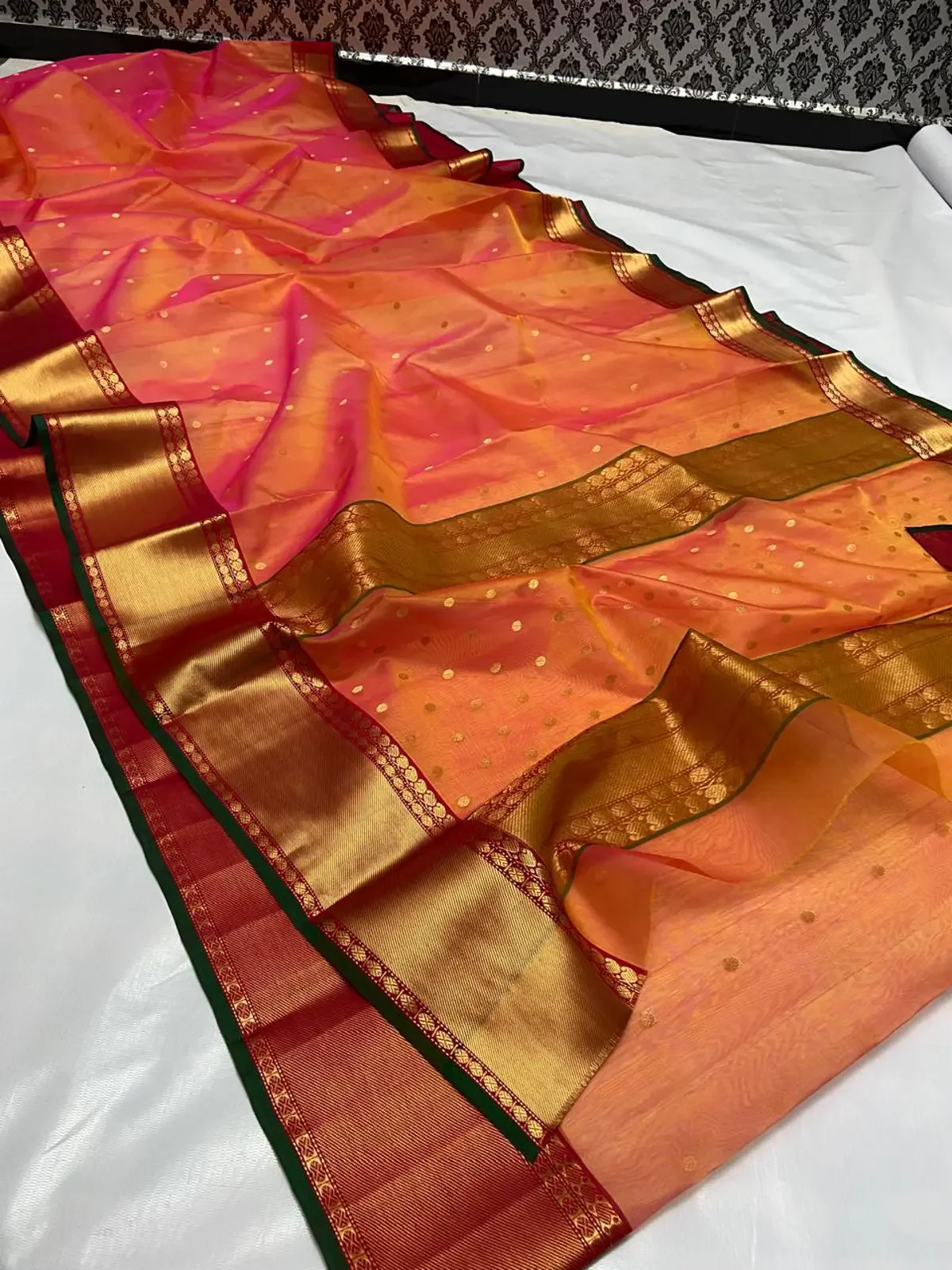 Handwoven Vermilion Sunset & Rani Pink Hues Vermilion Sunset and Rani Pink Hues Vermilion Sunset with Delicate Gold Zari Bootis Chanderi Saree - Authentic Chanderi Silk Saree Chanderi Saree - View 1