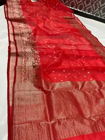 Handwoven Vermillion & Antique Gold with Emerald Accents Vermillion Radiance with Heritage Zari Motifs Kataan Silk - Authentic Chanderi Silk Saree Chanderi Saree - View 1