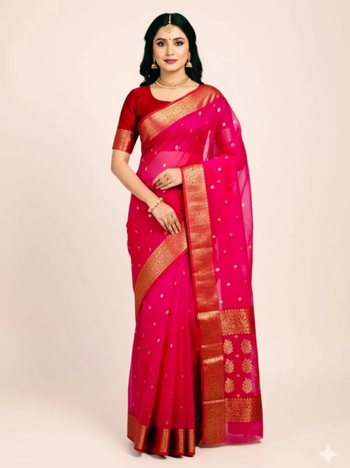 Handwoven Vibrant Fuchsia & Gilded Gold Vibrant Fuchsia with Gilded Zari Motifs Kataan Silk - Authentic Chanderi Silk Saree Chanderi Saree - View 1